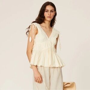 NWOT TORY BURCH Sleeveless Tie Top Smocked Peplum Ivory Shirt Blouse Size 14